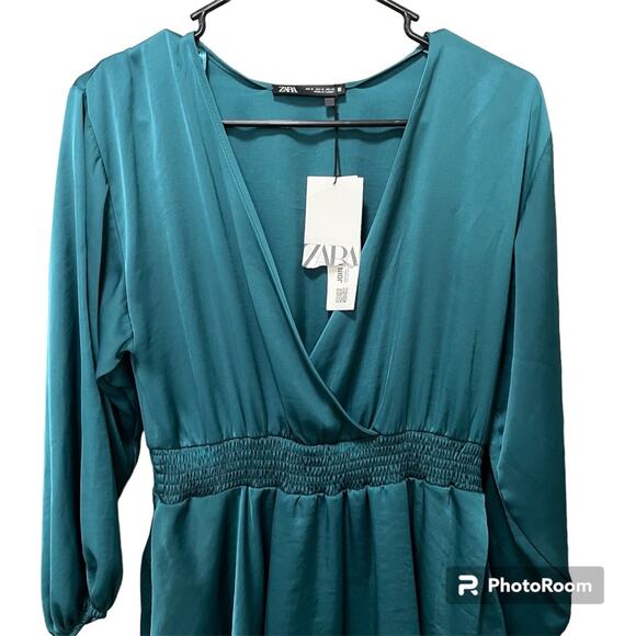 NWT Zara Teal Long Sleeve Satin Mini Dress Elastic Waist Ruffled Hem V-Neck M - Picture 6 of 11